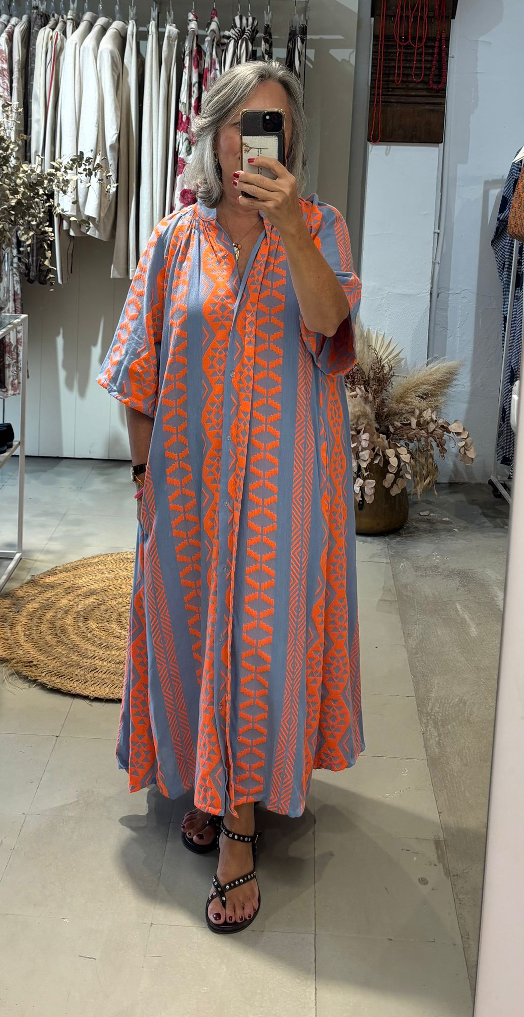 Vestido IKAT AZUL-NARANJA FLUOR